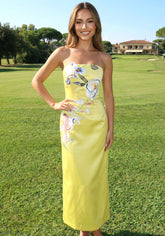 Strapless Floral Embroidered Maxi Dress Yellow