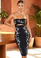 Strapless Floral Detail Midi Dress Black