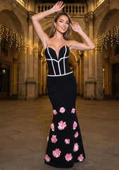Strapless Floral Detail Maxi Dress Black Pink