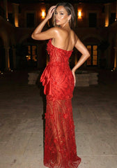 Strapless Floral Sequin Maxi Dress Red