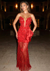 Strapless Floral Sequin Maxi Dress Red
