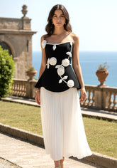Strapless Floral Peplum Pleated Midi Dress Black White
