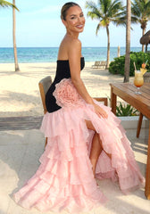 Strapless Floral Ruffle Maxi Dress Black Pink