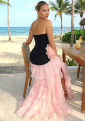 Strapless Floral Ruffle Maxi Dress Black Pink