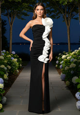One Shoulder Floral Ruffle Maxi Dress Black White