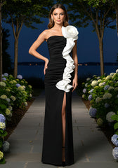 One Shoulder Floral Ruffle Maxi Dress Black White