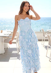 Strapless Floral Ruffle Maxi Dress Light Blue