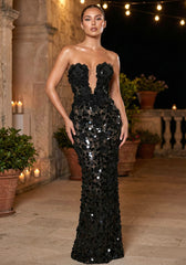 Strapless Sequin Floral Maxi Dress Black