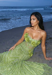 Strapless Floral Feather Sequin Maxi Dress Green