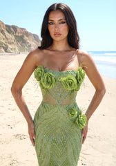 Strapless Floral Feather Sequin Maxi Dress Green