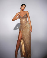 Strapless Sparkly Floral Corset Maxi Dress Gold