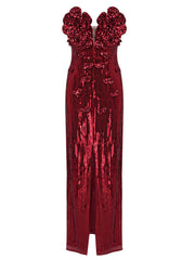 Strapless Flower Sequin Maxi Dress Red
