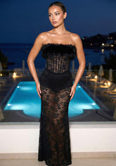 Strapless Fur Structured Lace Maxi Dress Black
