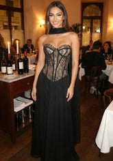 Strapless Lace Bustier A Line Maxi Dress Black