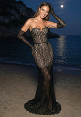 Strapless Lace Bustier Corset Maxi Dress Black