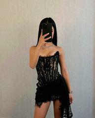 Strapless Lace Draped Corset Dress Black