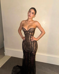 Strapless Lace Bustier Maxi Dress Black