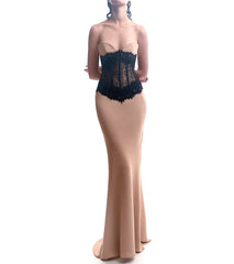 Strapless Lace Insert Maxi Dress Nude Black