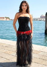 Strapless Sequin Ruffle Maxi Dress Black Red