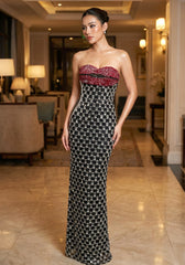 Strapless Crystal Lips Maxi Dress Red Black