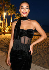 Strapless Mesh Insert Maxi Velvet Dress Black