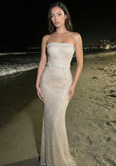 Strapless Pearl Detail Sequin Maxi Dress Gold
