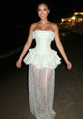 Strapless Peplum Lace Maxi Dress Green White