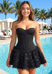 Strapless Ruffle Corset Skater Dress Black