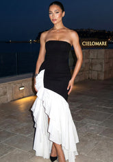 Strapless Ruffle Maxi Dress Black White