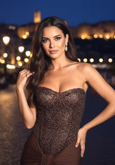 Strapless Sequin Bustier Draped Maxi Dress Brown