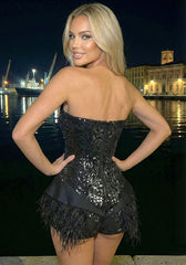 Strapless Sequin Feather Bodysuit Black