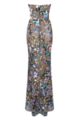 Strapless Sequin Floral Lace Maxi Dress Green