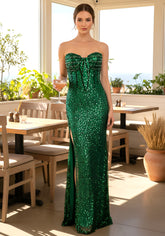 Strapless Crystal Sequin Bustier Maxi Dress Green