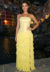 Strapless Sequin Ruffle Maxi Dress Yellow