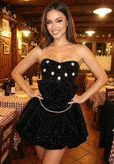 Strapless Sparkly Corset Bubble Velvet Dress Black