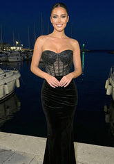 Strapless Sparkly Corset Maxi Velvet Dress Black