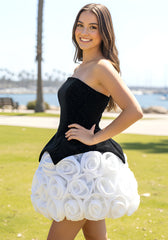 Sparkly Strapless Floral Corset Dress Black White