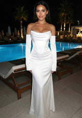 Long Sleeve Strapless Draped Maxi Dress White
