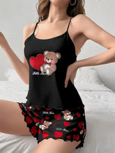 Summer Cute Bear+Heart Print 2pcs Pajamas Set Homewear Camisoles Tops and Shorts Underwear Lingerie Sleepwear