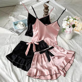 Summer Pajamas Set Smooth Satin V-Neck Ruffled Edges Tops and Bow Shorts Pajama Sling Home Clothing