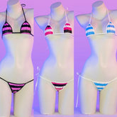 Summer Swimwear Japanese Kawaii PU Leather Micro Bikini Set Swimsuit Stripes Bra Set Lingerie Underwear Costume