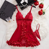 Summer Pajamas Red Lingerie Night Dress Lace See Through Nightdress Sleepwear Elegant And Sensual Underwear Set