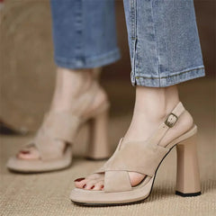 Elegant Square Heel Thick Open Toe One-Button High Heels Pumps