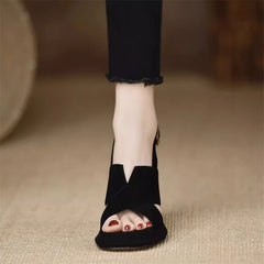 Elegant Square Heel Thick Open Toe One-Button High Heels Pumps