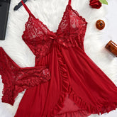 Transparent Red Lingerie Underwear See Through Sleepwear Lace Nightdress And Panty Pijamas Sets Female Nighty