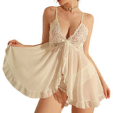 Transparent White Lingerie Underwear Temptation Sleepwear Lace Babydoll Dress Panties Pijamas Set Adult Female Nighty