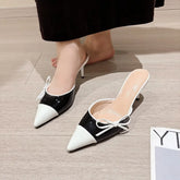 Pearl Design Pointed Toe Bow Mules Shallow Slip On Sling-back High Heels