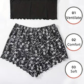 2 PCS Pajama Set Sleepwear Short-Sleeved Tops and Shorts Suit Black Skull Print Ventilate Soft Com
