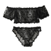 2-Piece Transparent Erotic Lingerie Dot Embroidery Mesh Fancy Outfit Romantic Underwear Set Bra And Panty Sets