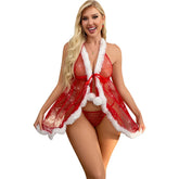 Christmas Lingerie Sparkling Mesh Nightdress Thong Pajamas Set Semi-Transparent Erotic Costumes Female Babydoll Dress